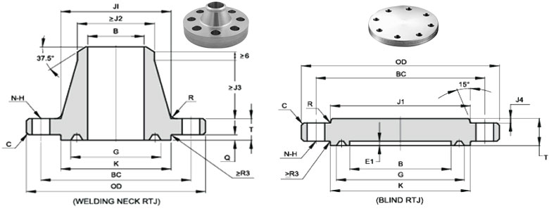 API 6A Type 6B 5000 PSI Weld Neck & Blind Flanges Dimensions